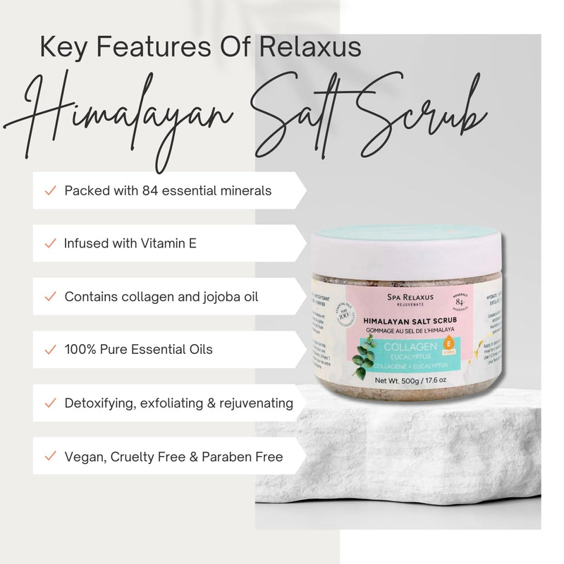 Spa Relaxus Himalayan Salt Scrub with Collagen 17.6 oz Jar, Rejuvenating Hydrating Salt Scrub with 84+ Minerals, Vitamin E, Jojoba Oil and Essential Oils (17.6 oz, Eucalyptus) 17.6 Ounce (Pack of 1)