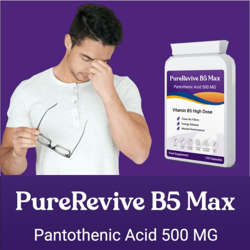 PureRevive High-Potency Vitamin B5 500mg - Advanced Pantothenic Acid Formula for Enhanced Metabolism, Skin & Joint Support | Non-GMO, Gluten-Free | Made in UK (60) 60