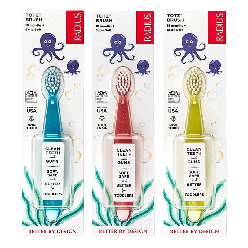 [Australia] - RADIUS Children's Toothbrush, Totz Brush, Extra Soft Bristles, Blue/Coral/Yellow, BPA Free & ADA Accepted, Designed for Delicate Teeth & Gums for Children 18 Months & Up, Pack of 3 3 Count (Pack of 1) 