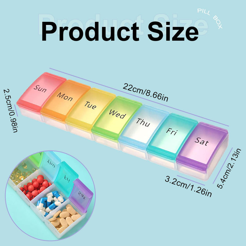 Pill Organizer, Weekly Portable Pill Dispenser, Travel Daily Case | 7 Compartment Medication Planner Case Box Holder for Vitamin, Medicine, Fish Oil, Supplements, Transparent, 7-Color lid Box