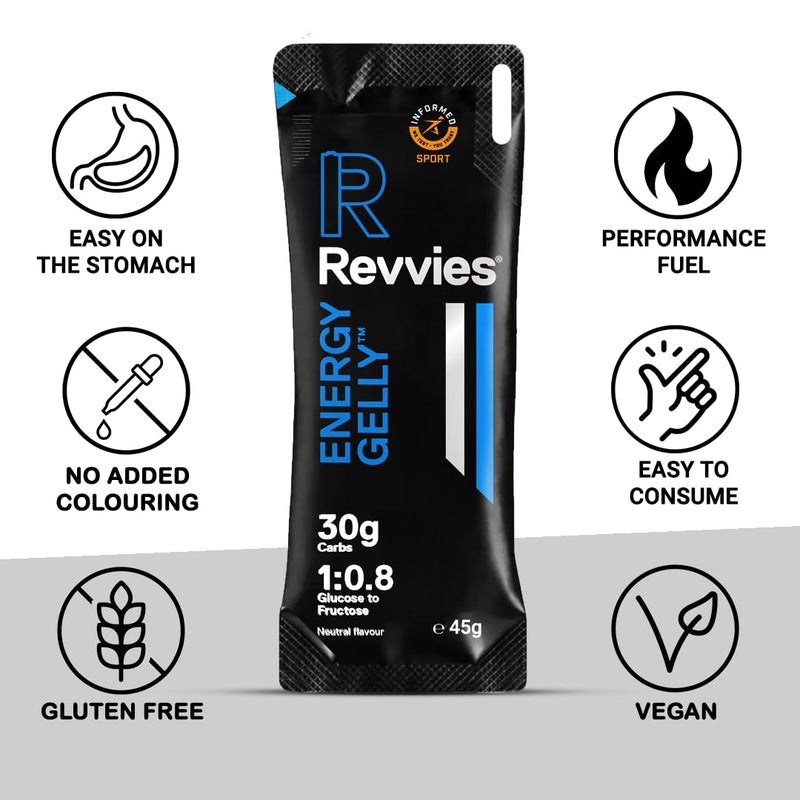 REVVIES Energy Gelly - 12-Pack | 30g Dual Source Carbs | Easy on the Stomach | Fast Acting | Neutral Flavour | Natural Ingredients | Vegan & Gluten Free | Batch Tested
