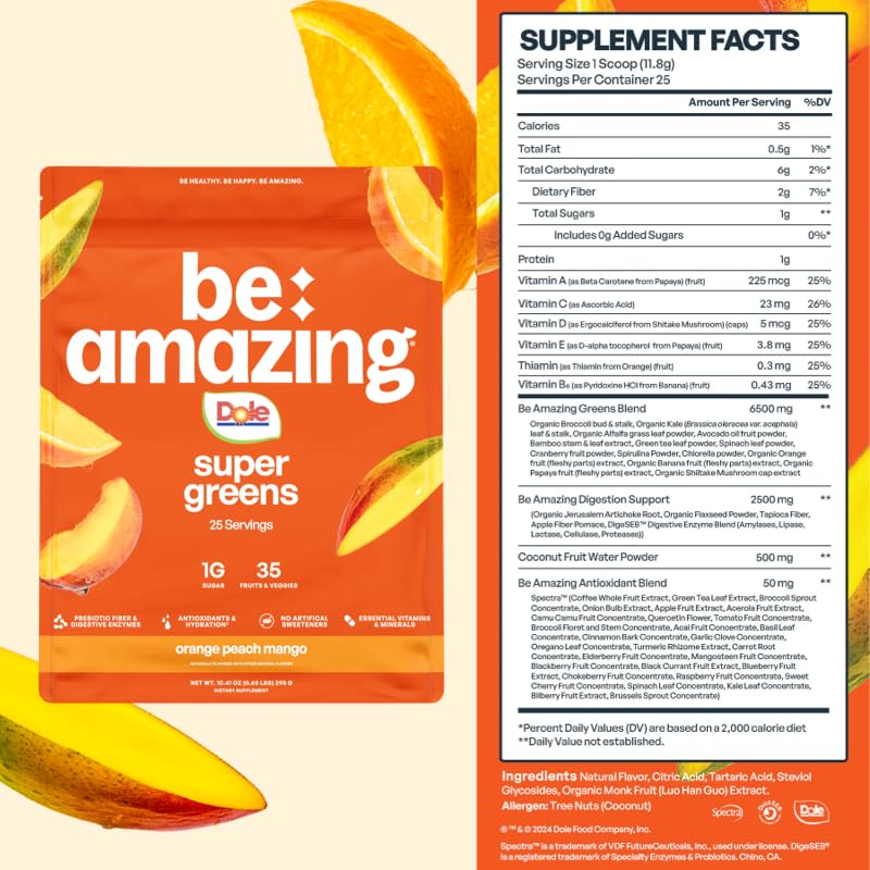 [Australia] - BE AMAZING Super Greens Powder with Prebiotics, Digestive Enzymes & Antioxidants, 35 Fruits & Veggies, Electrolytes & Fiber, Vegan, Gluten Free Juice & Smoothie Mix, Dole Orange Peach Mango, 25 Serv 