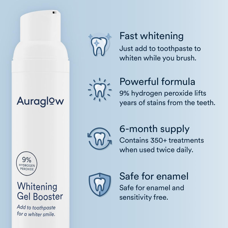 [Australia] - Auraglow Whitening Gel Booster, Add to Toothpaste to Whiten, Teeth Whitening Toothpaste Gel, 9% Hydrogen Peroxide Whitening Gel, 350+ Whitening Treatments, 6-Month Supply, 2.6oz 
