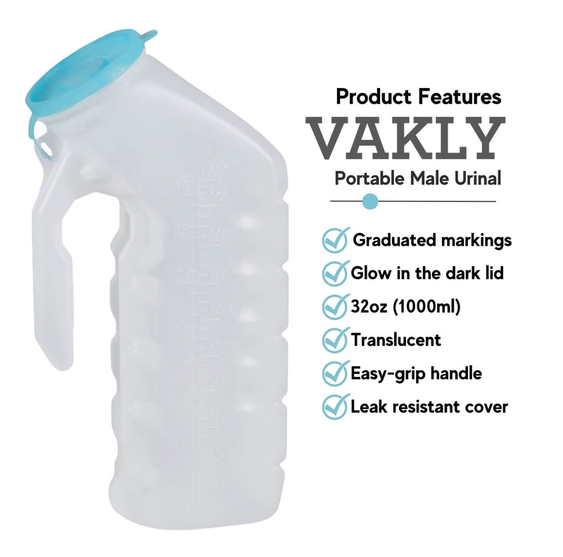 Male Urinal with Glow in The Dark Cover [32oz Pack of 2] Portable Pee Bottles for Men Used for Hospitals, Incontinence, Emergency and Travel (2)