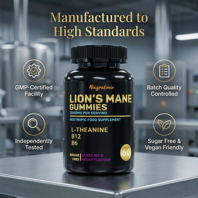 Lion's Mane Mushroom Gummies with L-Theanine & B Vitamins, Mind & Focus Complex Supplement, Sugar Free, Vegan, 60 Gummies, 1 Month Supply, Mixed Berry Flavour