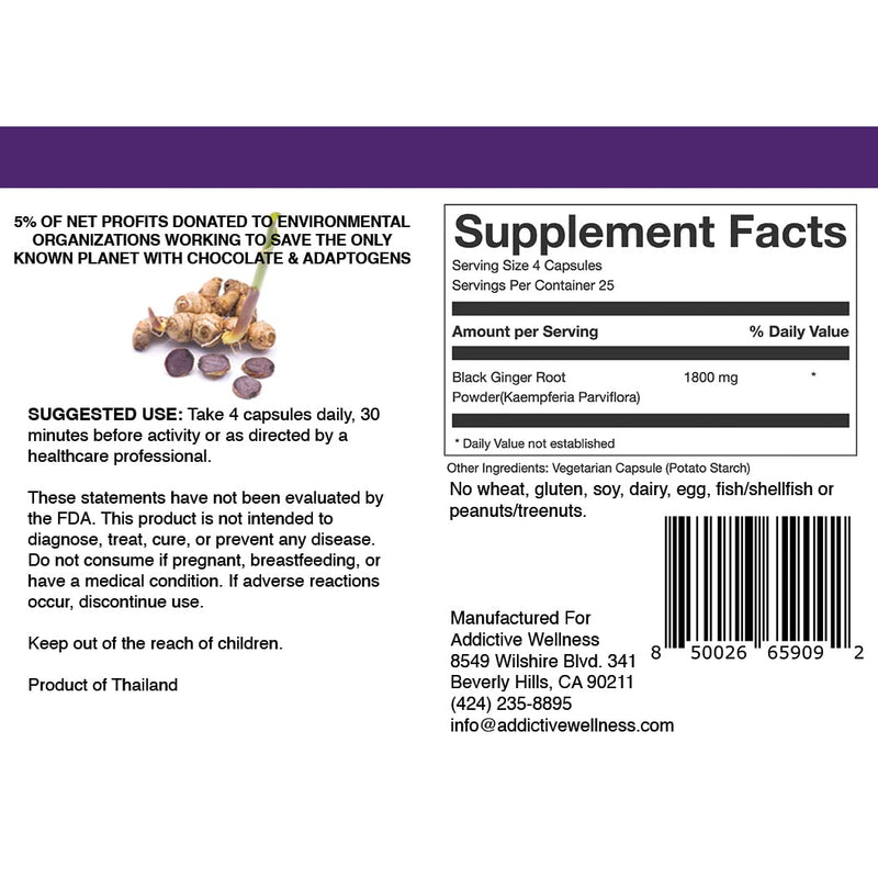 [Australia] - Addictive Wellness Thai Black Ginger for Men, Thai Black Ginger Supplement to Support Energy Metabolism, Endurance & Performance, Freeze Dried Black Ginger Capsules 450mg, Vegan & Paleo, 100 Count 100 Count (Pack of 1) 