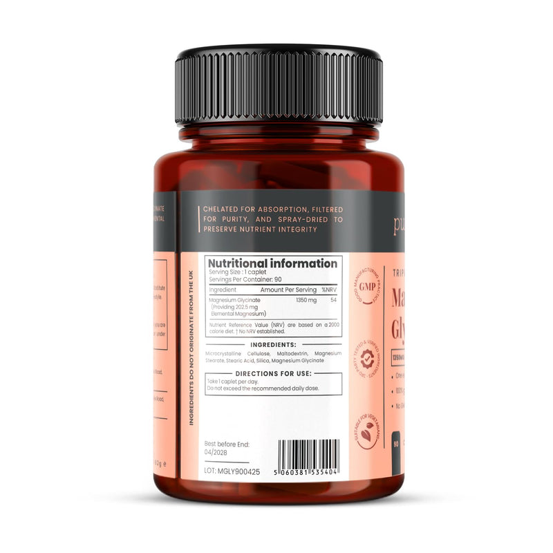 Triple Strength Magnesium Glycinate 1350mg x 90 Caplets – 202.5mg Elemental Magnesium Per Caplet – 3 Months Supply - 100% Glycine Chelated, Gentle on The Stomach 90 count (Pack of 1)