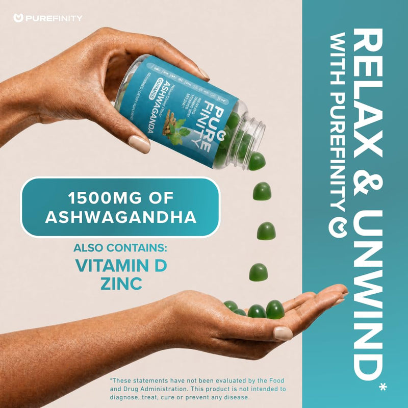 Ashwagandha Gummies with Vitamin D & Zinc – Supplement for Relaxation, Calming, and Mood Support – Gluten Free, Non-GMO, Vegan, 60 Count