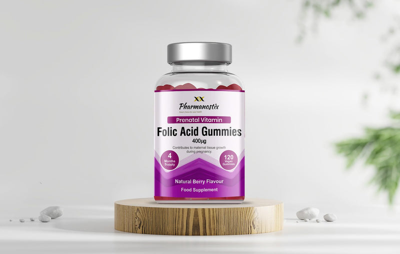 Pharmanostix Folic Acid 400μg Pregnancy Gummy - Vitamin B9 Prenatal Conception - 120 Natural Berry Flavour Vegan Gummies to Support Health Pregnancy & Foetus Development - GMO & Allergens Free