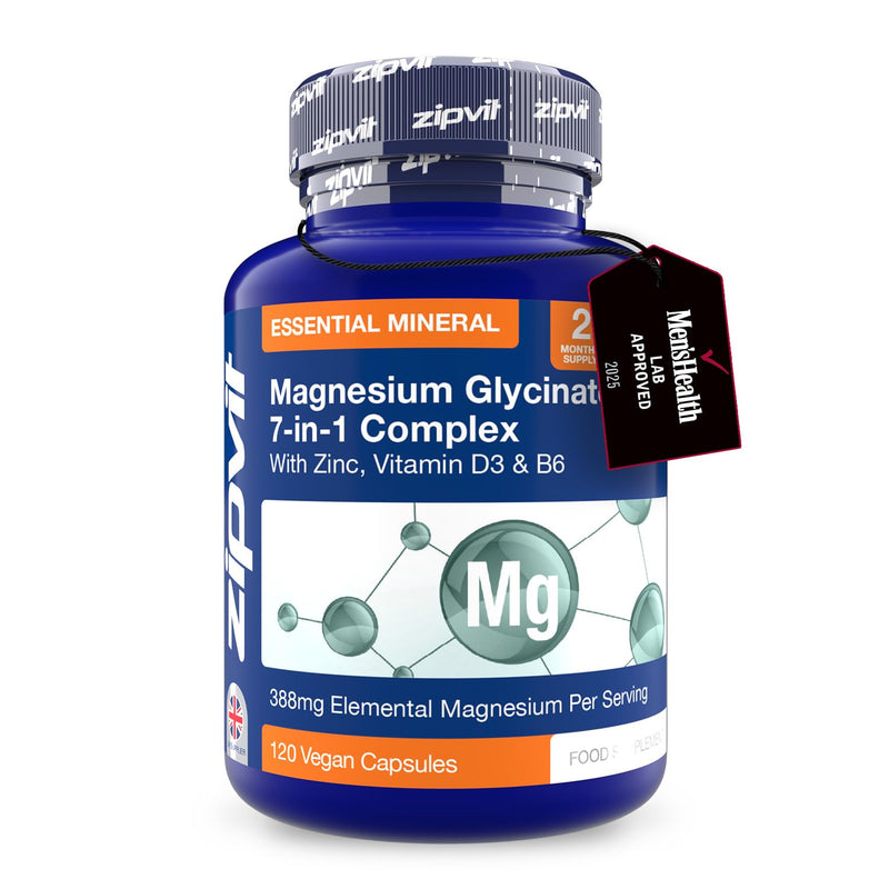 Zipvit Magnesium Glycinate 7-in-1 Complex, 1800mg with 388mg Elemental, High Absorption with Bisglycinate, Malate, Citrate, Oxide, Plus Vitamin D3, B6 & Zinc, 120 Capsules, Vegan Magnesium Supplements 7 in 1 Glycinate Complex - 120 Capsules - Jar