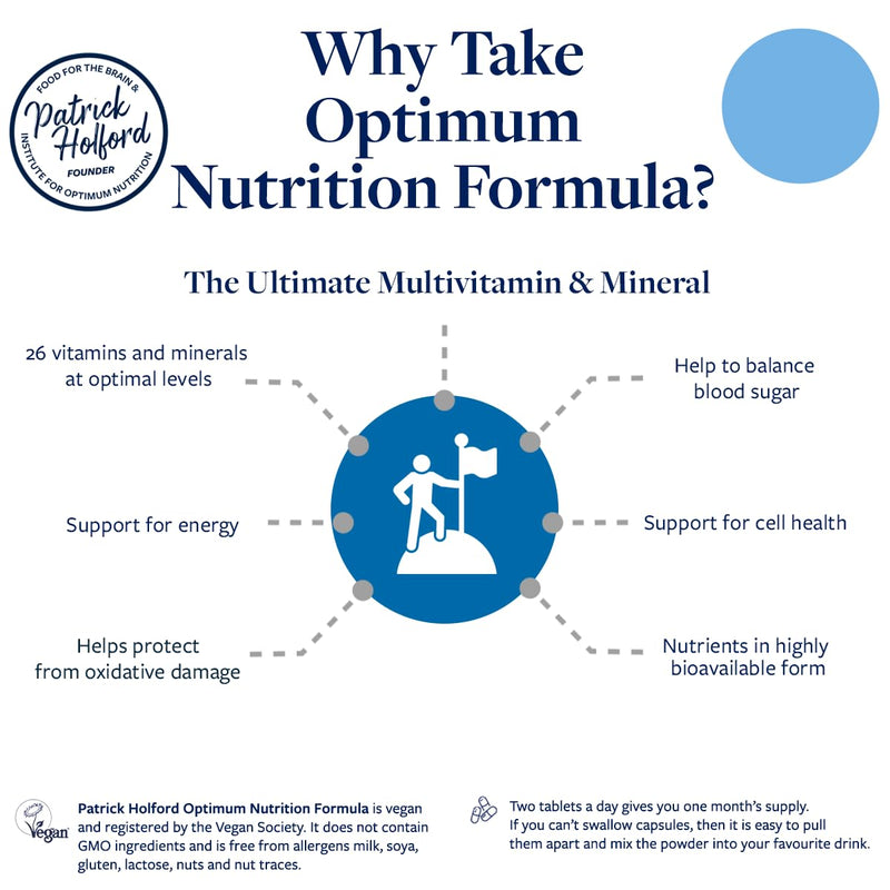 Patrick HOLFORD Optimum Nutrition Formula/The Ultimate, Multi-Vitamin & Mineral Supplement/for Daily & Long-Term Health / 24 Nutrients/Naturally Sourced / 60 Tablets/Vegan/for Women & Men