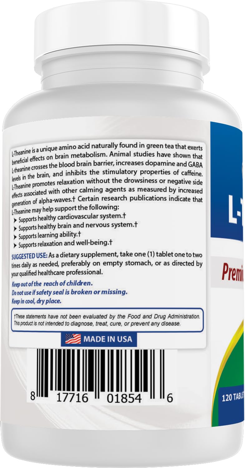 Best Naturals L-Theanine 200mg per Tablet (400mg per 2 Tablets) - Promotes Relaxation Without Drowsiness - 120 Vegetarian Tablets - (120 Count (Pack of 1)) 120 Count (Pack of 1)