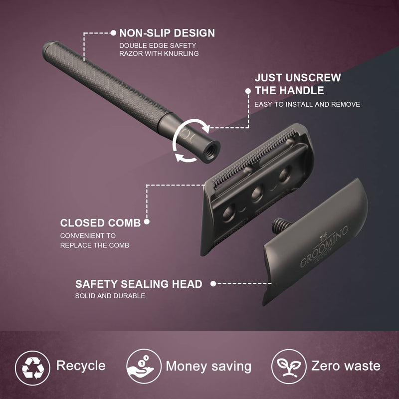 Black Double Edge Safety Razor, Classic Razor Set for Men, Zero Waste Razor with 10 Replacement Double Edge Blades, Metal Razor