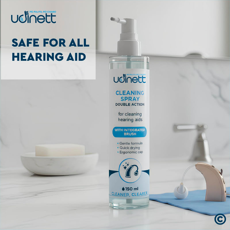 Hearing Aid Cleaning Spray 150ml with Included Brush - Udinett Sanitizer for Cleaning Earphones Bluetooth Headphones - Eliminates Earwax and Dirt with Immediate Effect Alcohol-Free Formula