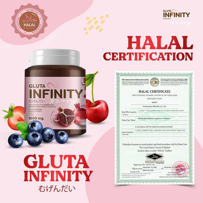 Gluta Infiniy 1000mg L-Glutathione Supplement Tripeptide Fish Collagen L-Glutamine Ascorbic Acid Cherry Grape & Pomegranate Extract Skin Nourishing Supplement Remove Acne Scar Freckles 30 Tablets