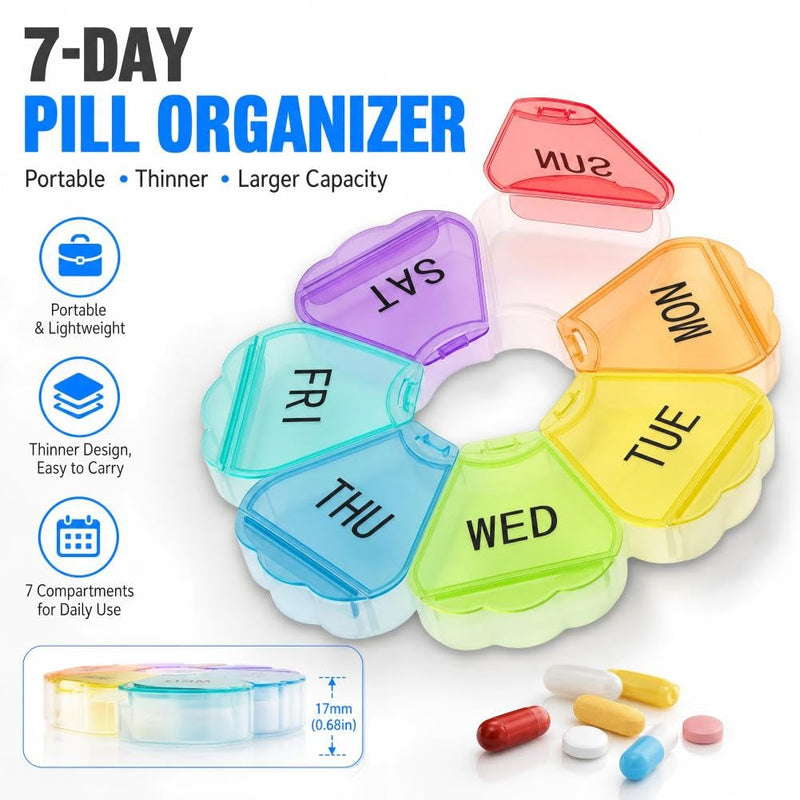7 Day Extra Large Weekly Pill Organizer, Colorful Portable Pill Case, Large Medicine Container for Vitamins, Fish Oil, Tablets, Gummies & Daily Supplements