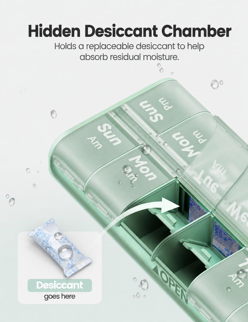 Pill Organizer 2 Times a Day, Built-in Desiccant | 7 Day AM PM Weekly Pill Box, Easy-Open, Portable Carry Handle, BPA-Free, Matte Privacy Case for Supplements and Vitamins A1-green 14 compartments