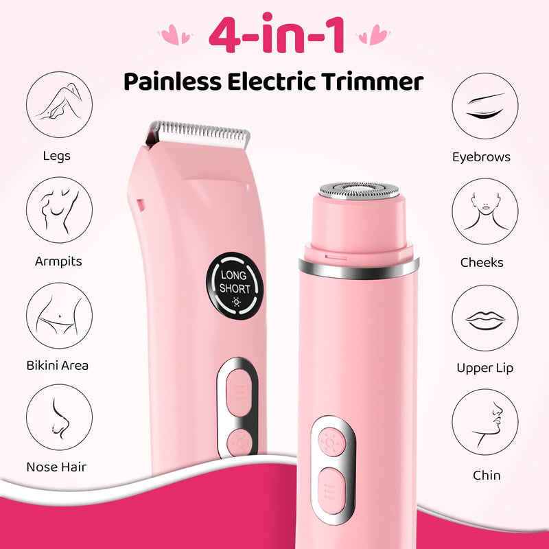 [Australia] - 4-in-1 Bikini Trimmer for Women - Painless Electric Razor for Silk Skin, Cordless Body Shaver 4 Heads, Lady Facial Razor Travel Kit, IPX7 Waterproof, USB-C Charge, Ideal for Teens Brides, Pink 