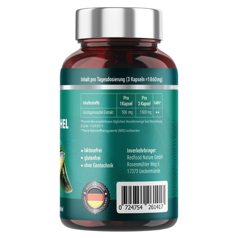 [Australia] - GREEN LIP MUSSEL PREMIUM CAPSULES 1500 MG GREEN LIP MUSSEL POWDER PER PORTION HIGH DOSE XXL CAN 300 CAPSULES 5 - 3 MONTH SUPPLY WITHOUT MAGNESIUM STEARATES MADE IN GERMANY BY REDFOOD 
