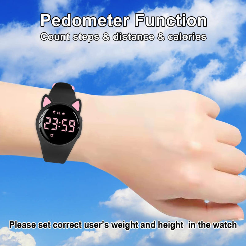 [Australia] - Kids Fitness Tracker Pedometer Watch No App/Bluetooth,20-Day Battery Life Rechargeable Watch, IP68 Waterproof Digital Watch for Girls Boys, Fitness Watch with Alarm Clock Step/Distance/Calorie Counter Black+Pink(LED display) 