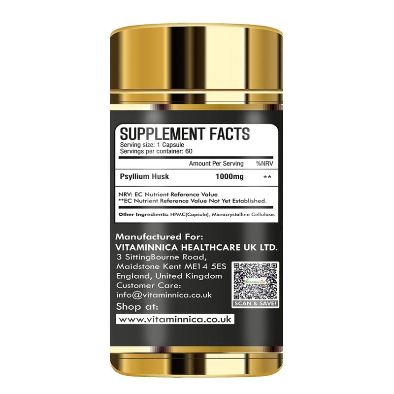 Vitaminnica Vita Husk Pysllium Husk Supplement 1000mg- High Fibre Supplement for Digestive Health, Regularity & Weight Management- Vegan & Gluten-Free - 60 Capsules