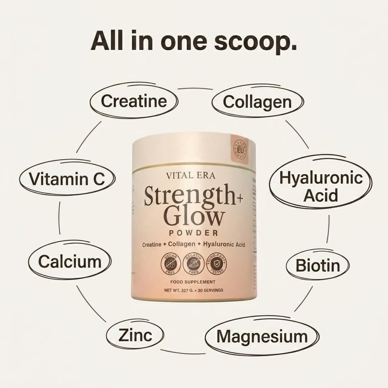 Strength + Glow, 8 in 1 Blend with Creatine monohydrate Powder, Peptan® Collagen Powder, Biotin, Hyaluronic Acid, Vitamin C, Magnesium, Calcium, Zinc. Creatine for Women