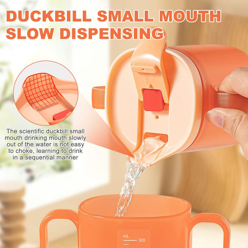 2 Pcs Elderly Spill Proof Cups, 300ml Sippy Cup for Adults, Beakers for Elderly with 2 Handles, Adult Feeding Cup Drinking Cup with Lid and Straw, Adult Sippy Cups for The Elderly Non Spill Orange