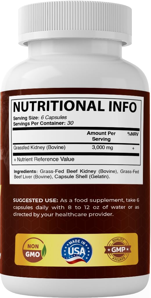 Vitamatic Grass Fed Beef Kidney with Liver - 180 Capsules - Freeze Dried & Non-GMO - Pasture Raised Glandular Supplement - Made in USA