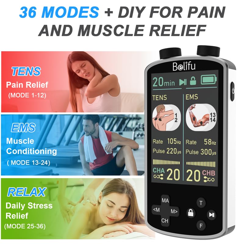 [Australia] - TENS EMS Unit Muscle Stimulator for Pain Relief Therapy - 4 in 1 D.I.Y & TENS & EMS & Relax-Pulse Muscle Massager 36 Modes with 10 Electrode Pads, Storage with Storage Holder & Case, Carry with Clip White 