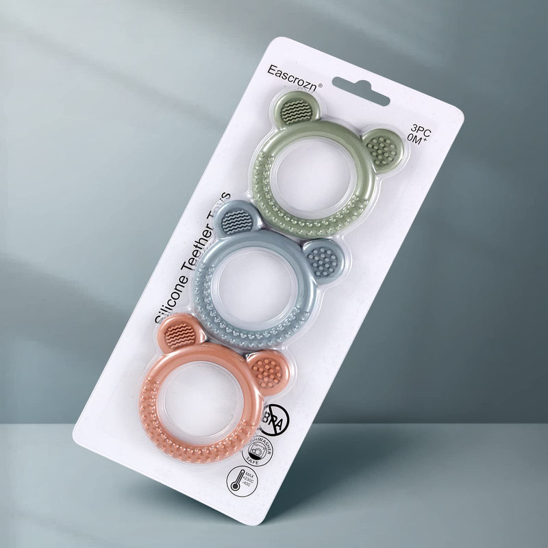 [Australia] - Baby Teething Toys for Babies 0-6 Months Set of 3, Baby Toys 6 to 12 Months, BPA Free Soft and Textured Bear Ring Silicone Teether Relief Soothing Sore Gums Chew Infant Toys 