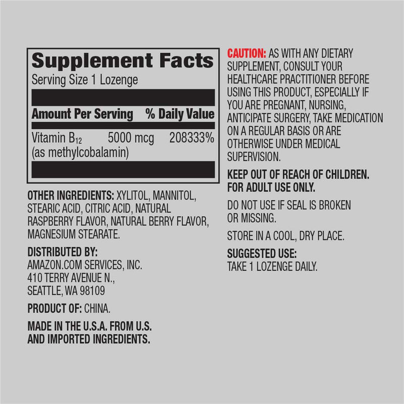 Amazon Elements Vitamin B12 Methylcobalamin 5000mcg, 65 Berry Flavored Lozenges, 2 Month Supply & Vitamin D3, 5000 IU, 180 Softgels, 6 Month Supply