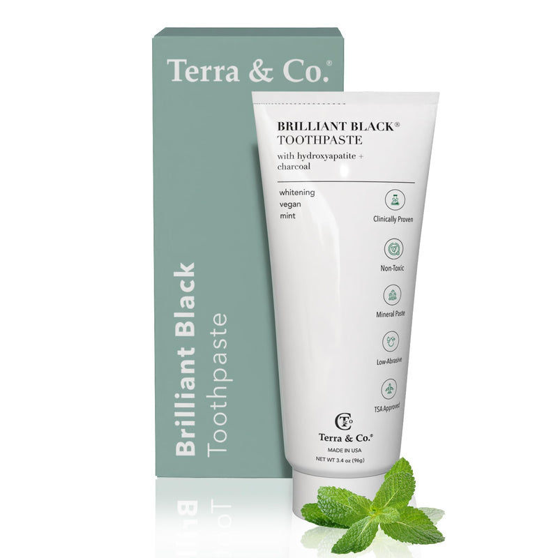 Terra & Co. Brilliant Black Hydroxyapatite Toothpaste for Whitening Teeth – USA-Made - Natural Remineralizing Toothpaste, Fluoride-Free, Vegan, SLS-Free, Low Abrasion – Mint, 3.4 oz Whitening - Mint 3.4 Ounce (Pack of 1)