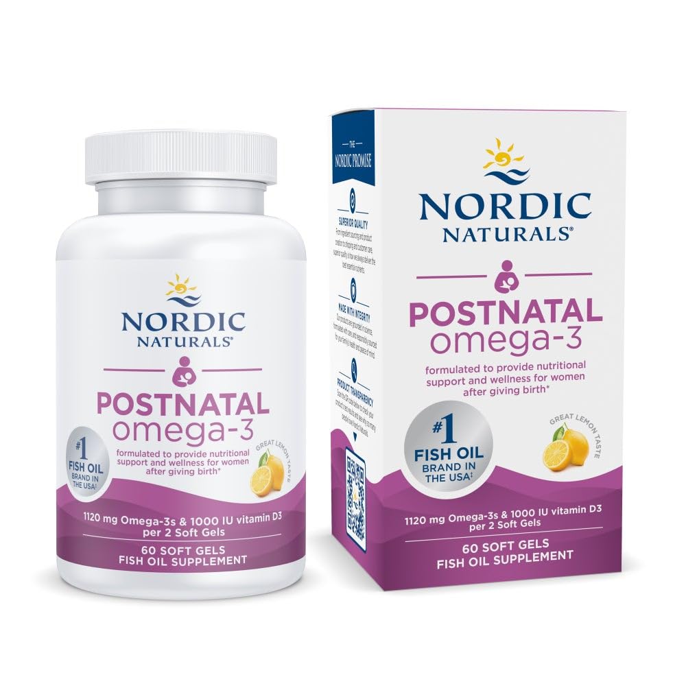 Nordic Naturals Postnatal Omega-3, Lemon - 60 Soft Gels - 1120 Total Omega-3 + 1000 IU Vitamin D3 - Formulated for New Moms; Supports Optimal Wellness, Positive Mood, Healthy Metabolism - 30 Servings Standard Packaging