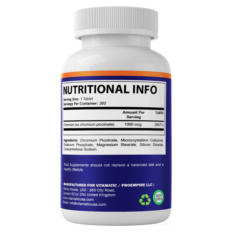 Vitamatic Chromium 1000 mcg | 365 Tablets | High Potency Chromium Picolinate | Non-GMO, Gluten Free