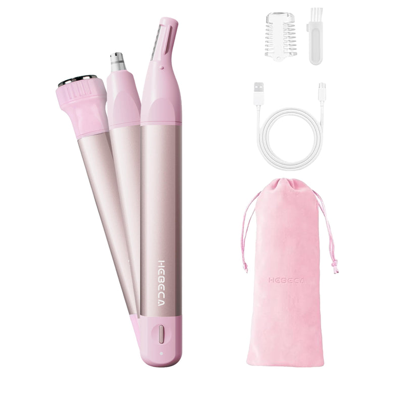 Nose Hair Trimmer for Women 3in1 Facial Hair Removal Trimmer - Metal Body, Rechargeable, Waterproof, Portable - Nose, Ear, Eyebrow, Peach-Fuzz, Lips, Chin (Pink) Pink