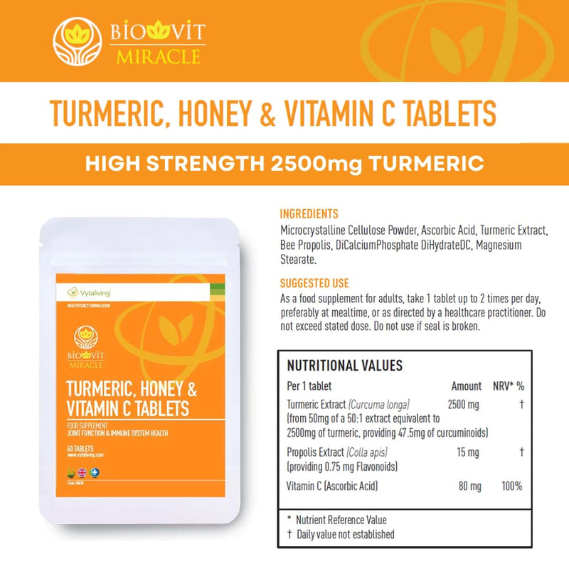VYTALIVING 2500mg High Strength 120 Turmeric Tablets with Honey & Vitamin C, Turmeric Supplements, Herbal Food Supplement for Joint Function & Immune System Health | 120 Tablets