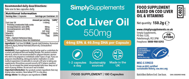 Pure Cod Liver Oil 550mg | Rich in Essential Fatty Acid, EPA, DHA & Omega 3 | Vitamin A & D | 360 Soft-Gel Capsules = Up to 1 Year Supply | UK Made | Made with MSC-Certified Sustainable Cod Liver Oil Unflavoured 180 count (Pack of 2)