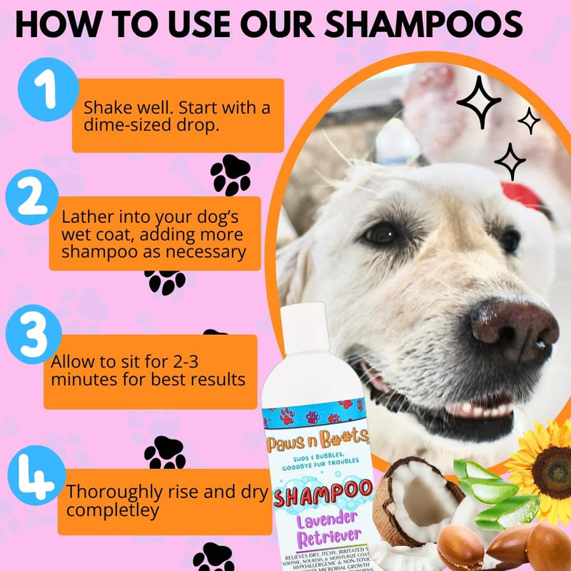 Pet Shampoo Lavender, 100% Organic, All-Natural & Non-Toxic to Pets. Fast Relief for Dry, Itchy, Irritated Skin, Hypoallergenic, Tearless & Cruelty Free, Odor Controlling Made in USA 16oz Paws n Suds - PawsPlanet Australia