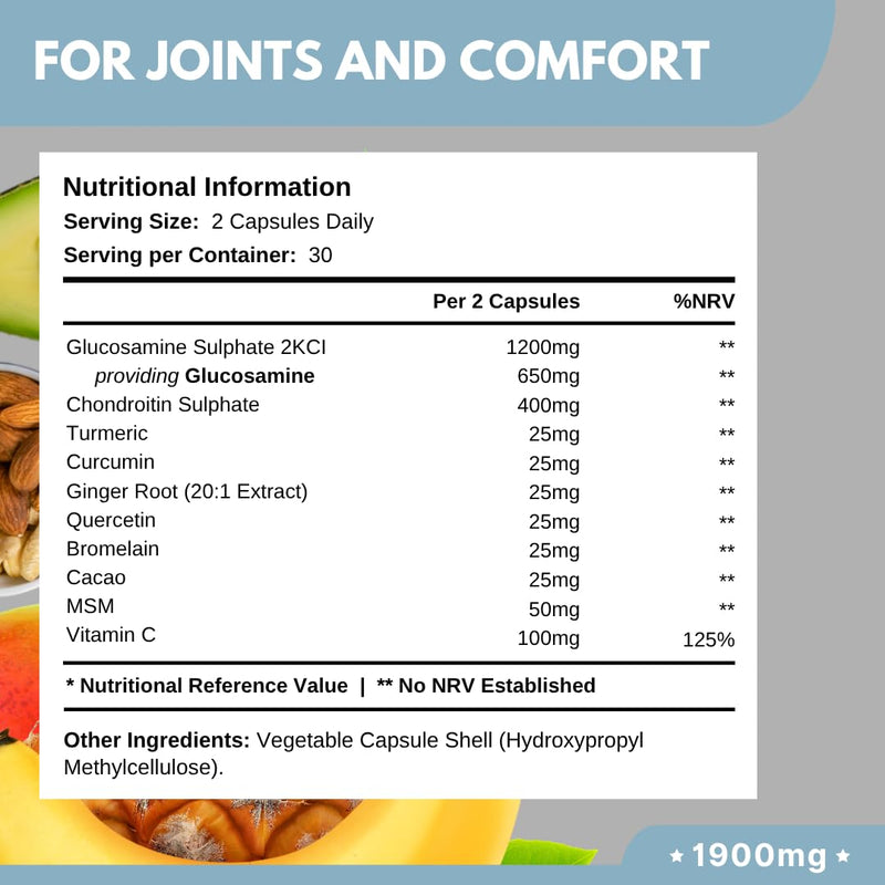 1900mg Glucosamine and Chondroitin Complex | High Strength with 10 Ingredients - Turmeric, Curcumin, Vitamin C, Quercetin, Ginger, MSM and More | Contributes to the Normal Function of Bones | UK Made