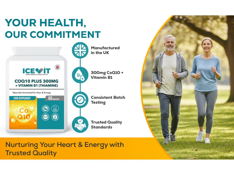 CoQ10 300mg with Vitamin B1 (Thiamine) – 60 Vegan Capsules – High Strength Coenzyme Q10 Food Supplement – Energy Metabolism Support – Made in UK