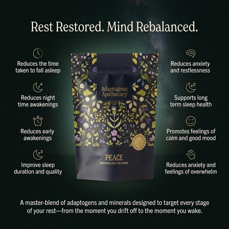 Peace – Bedtime Hot Chocolate with Reishi, Ashwagandha, Jujube, L-Theanine, Magnesium & Cocoa | 20 Servings, 180g | UK-Made, Vegan, Gluten Free.