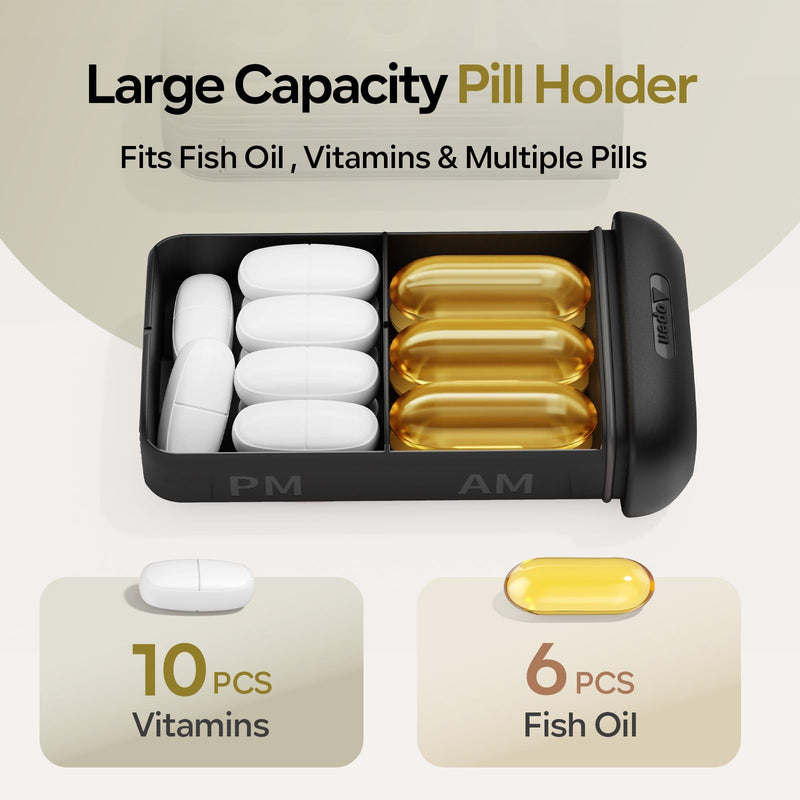 Daviky Weekly Pill Organizer 2 Times a Day, AM PM Removable Pill Box 7 Day | XL Cute Pill Case, Large Date Label, Slide to Open, Silicone Moisture-proof, Easy to Use for Fish Oil or Vitamins, Black