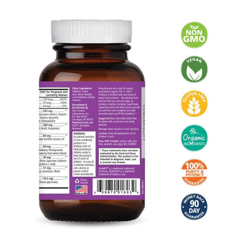 PURE ESSENCE LABS One n Only Prenatal Vitamins - A Once-per-Day Multivitamin Support with Iron, Natural Herbs, Superfoods and Folate - 30 Tablet