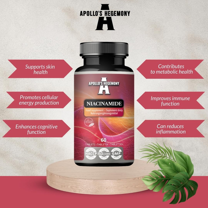 Niacinamide 500 mg per Tablet - 60 Vegan Tablets - 2 Month Supply - Supports Energy and Nerve Function - Vitamin B3 Diet Supplement - by Apollo's Hegemony