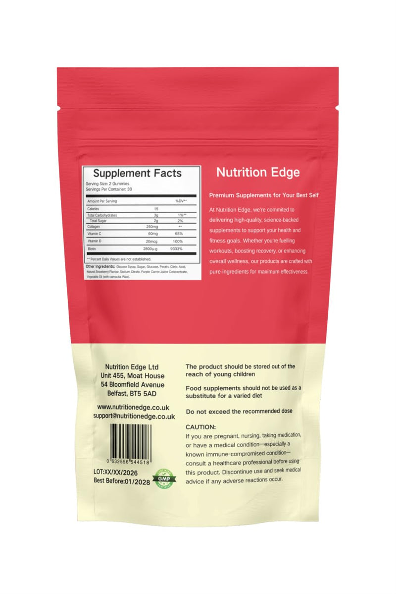 Nutrition Edge Multi Collagen Gummies (Types I, II, III, IV, V) with Biotin, Vitamin C & D3 - Skin, Hair, Nails and Joint Support - 60 Gummies