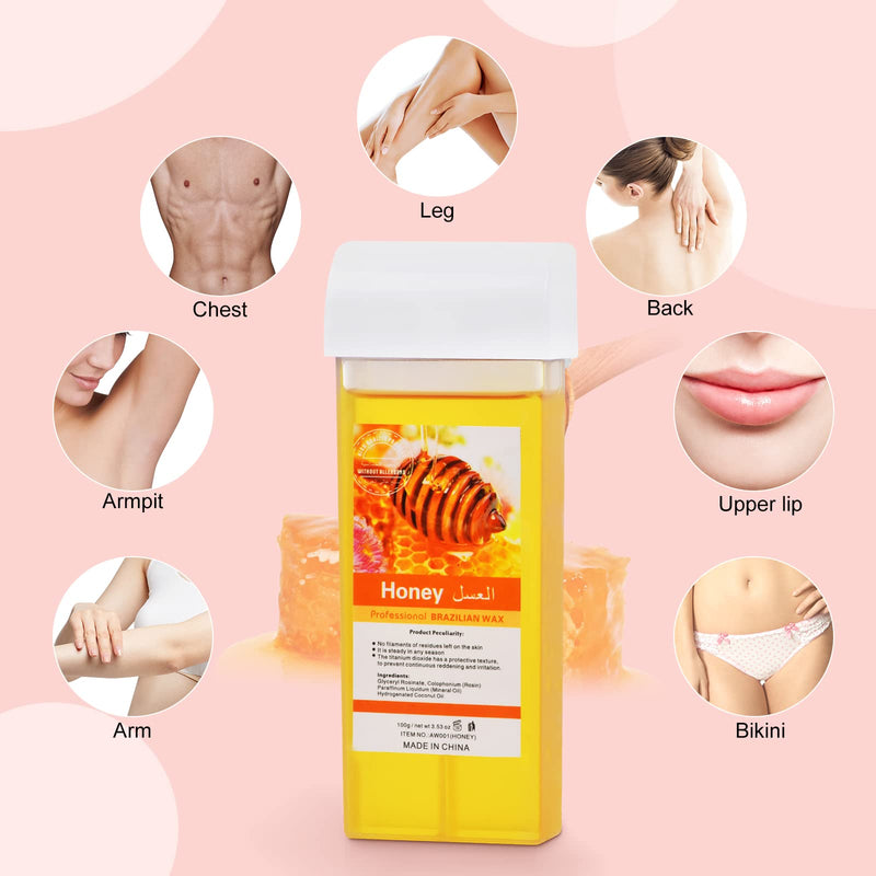 [Australia] - Roll On Wax, Honey Hair Removal Wax Cartridge, Depilatory Wax Roller Refill, 4 Pack - 100% Natural Material, Dermatologically Tested, Easy & Safe to Use, For Body Waxing, Leg and Arms 