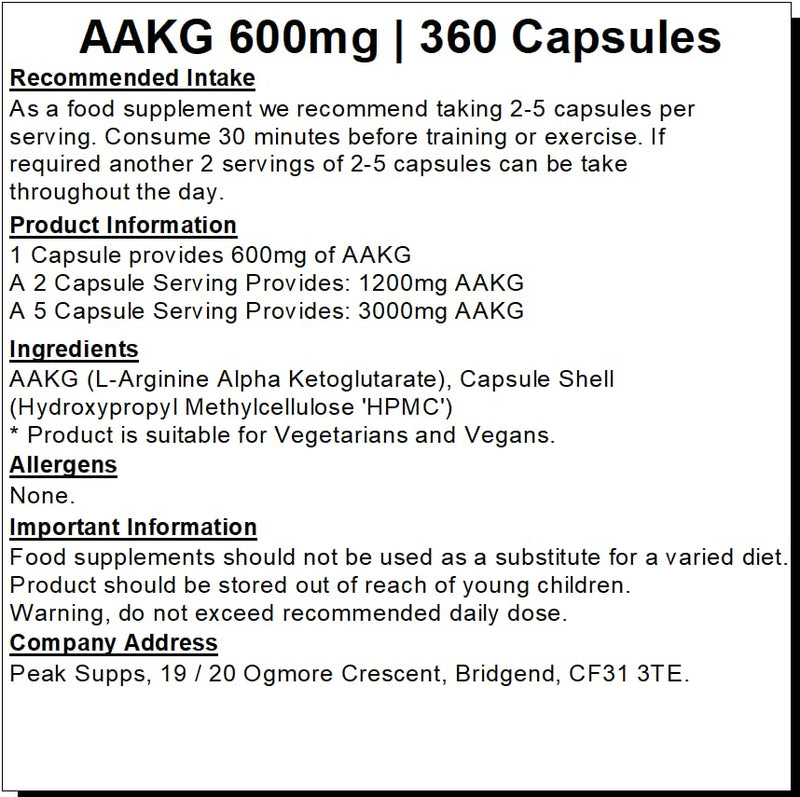 AAKG 600mg Capsules - L-Arginine Alpha Ketoglutarate - Nitric Oxide Booster Pre Workout Booster Pump (360 Capsules) 360 count (Pack of 1)