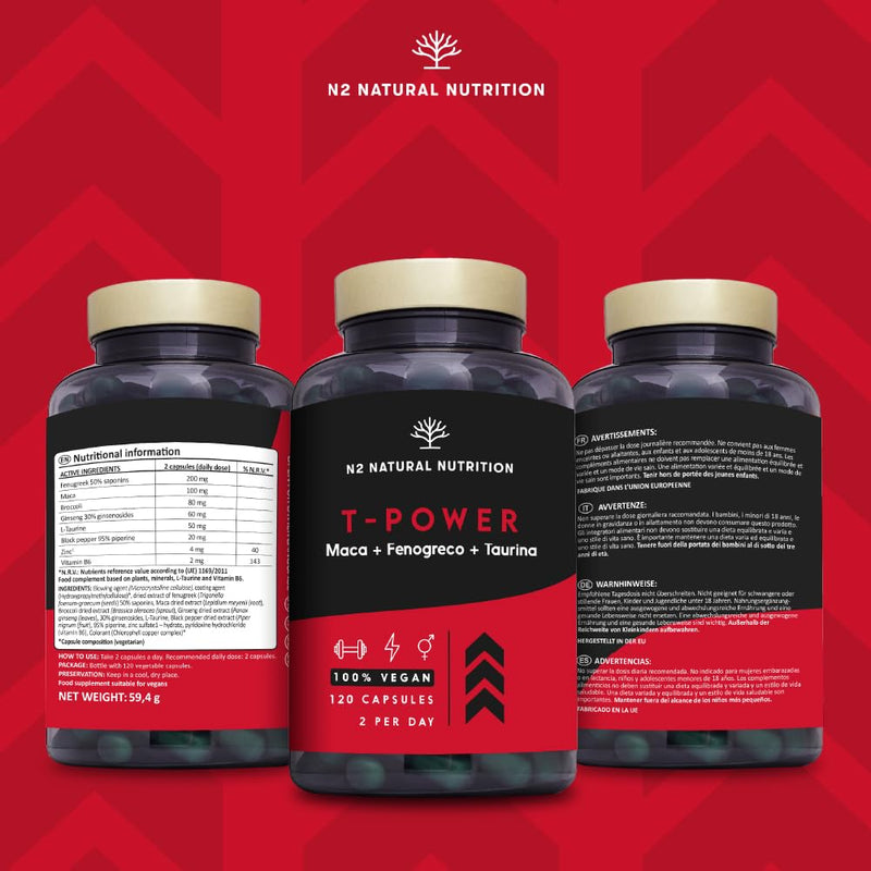 Testosterone Booster Complex for Men with Fenugreek, L-Taurine Maca Gingseng, Zinc, L-Taurine, Black Pepper. Mood Stimulant, Endurance, Energy. Pre Workout. 120 Capsules. Vegan. N2 Natural Nutrition 120 count (Pack of 1)