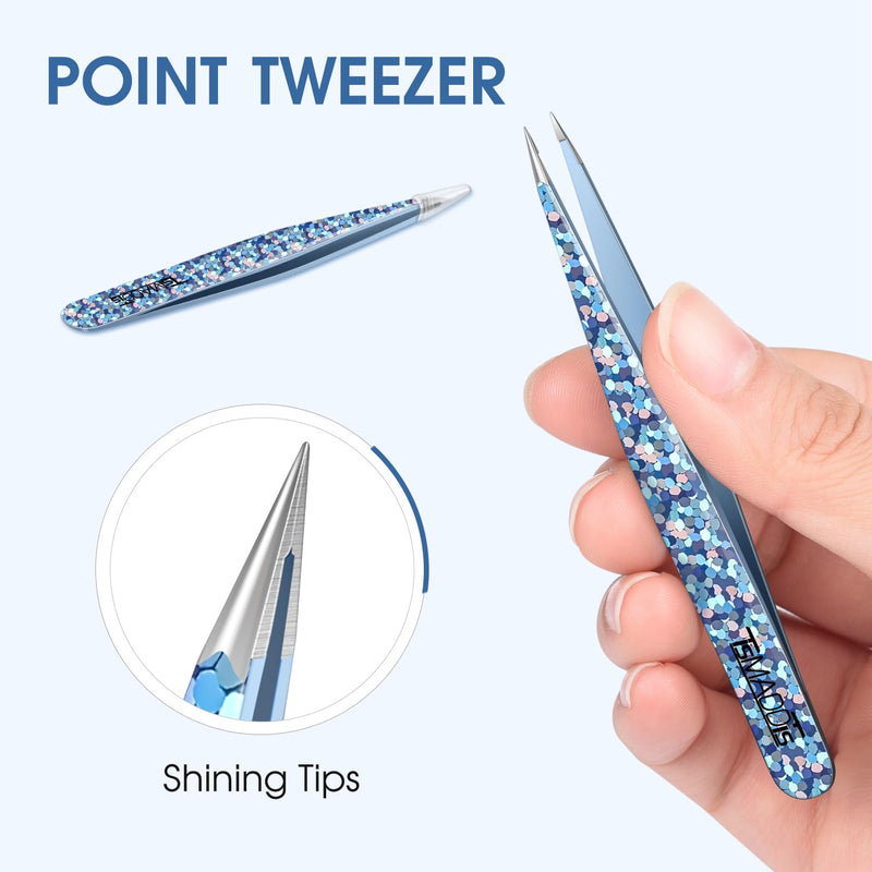 TsMADDTs Eyebrow Hair Removal Tweezer, 2-Pack Slant and Point Tip Tweezers for Women and Men Eyebrows, Facial and Ingrown Hairs, Stainless Steel Light Glitter Blue