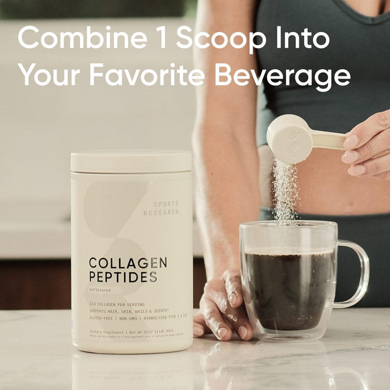Sports Research® Collagen Peptides Protein Powder 16oz (Unflavored) | 11g Grass-Fed Collagen per Scoop · Hair, Skin & Joint Support · Easy to Mix in Coffee & Shakes - 41 Servings Unflavored 1 Pound (Pack of 1)
